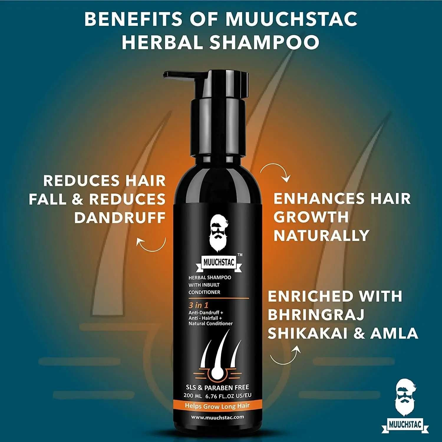 Picture of Muuchstac Herbal Shampoo with Inbuilt Conditioner, Anti dandruff & Anti Hairfall - 200ml