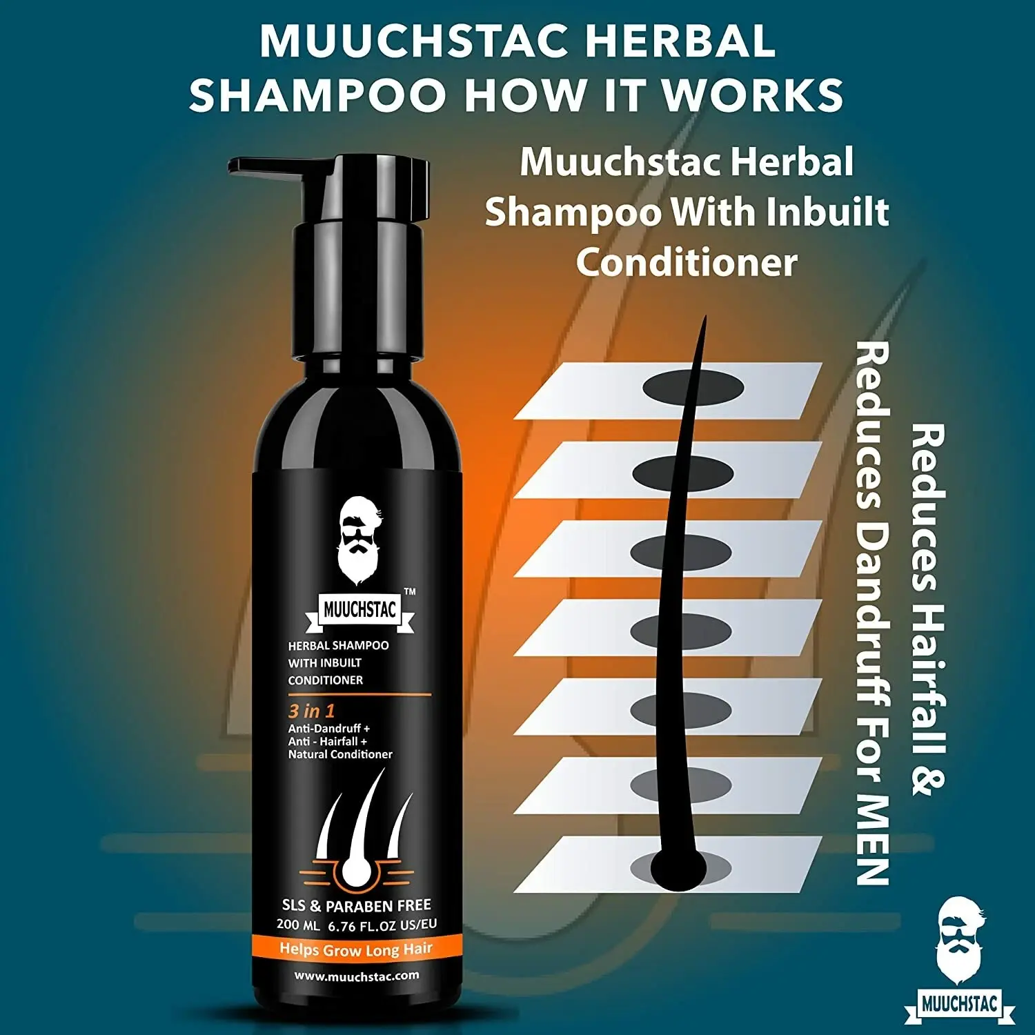 Picture of Muuchstac Herbal Shampoo with Inbuilt Conditioner, Anti dandruff & Anti Hairfall - 200ml