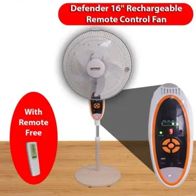 Picture of Defender | Kennedi 16" AC/DC Rechargeable Full Stand fan with Remote, Model: 2936HRS, 12v-5Ah Battery, Battery Life Display, 7 hrs Backup White