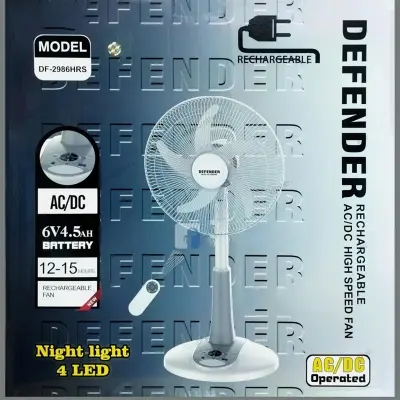 Picture of Defender | Kennedi (Model: 2986HRS), 16 inch adjustable Half stand Rechargeable fan, Double Battery with Remote control. White