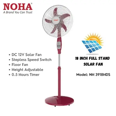 Picture of Noha 18 inch Full Stand Solar Fan, 12v DC, Model: NH 3918HDS, DC fan/ Solar Stand fan Maroon