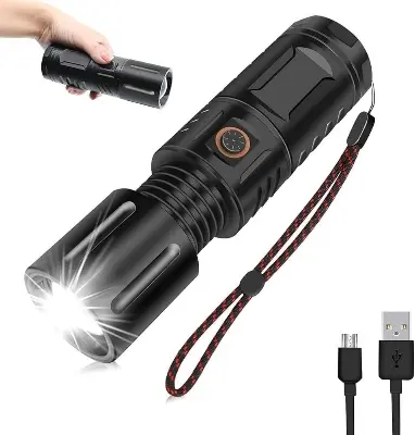 Picture of Rechargeable Waterproof Zoom LED Flashlight USB Zambo light With Power Bank (Black)