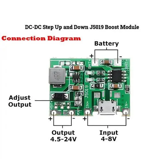 Picture of 3.7V to 12V 9V 5V 2A Adjustable Step Up 18650 Lithium Battery Charging DC to DC Step Up Boost Up J5019 Mini UPS Kit(Green)