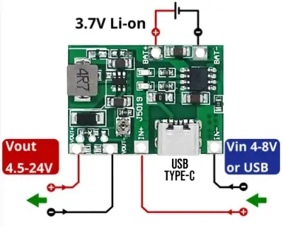 Picture of Type C 3.7V to 12V 9V 5V 2A Adjustable Step Up 18650 Lithium Battery Charging DC to DC Step Up Boost Up J5019 Mini UPS Kit(Green)