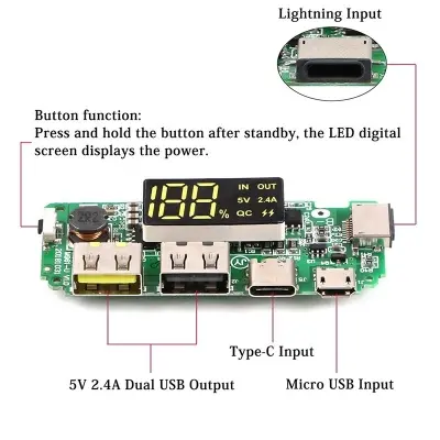 Picture of USB 2.4A Mobile Power Bank Charging Module Lithium Battery LED Dual USB 5V 2.4A Micro USB Type-C USB Charger Board(Green)