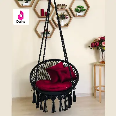 Picture of Elegant black Macrame Cotton Swing Hammock - Premium Handwoven Hanging Chair Dolna for Adults & Kids