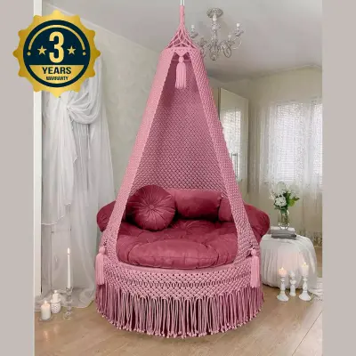 Picture of Elegant Macrame Hanging Chair with Faux Leather Cushion - Boho Chic Outdoor/Indoor Swing Chair with Tassels