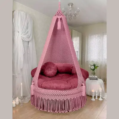 Picture of Handmade Premium Macrame Cotton Swing Chair Hammock - Large Dolna for Adults & Kids (Pink)