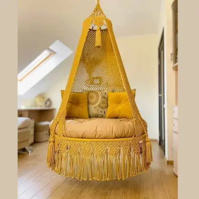 Picture of Elegant Boho Chic Macrame Swing Chair with Tassels and Cushions - New Home Decor Accent