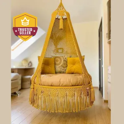 Picture of Handmade Premium Macrame Cotton Swing Chair Hammock - Large Dolna for Adults & Kids (Pink)