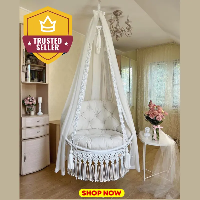 Picture of Elegant White Macrame Swing Chair with Fabric Cushion - Trendy Boho Chic Home Decor