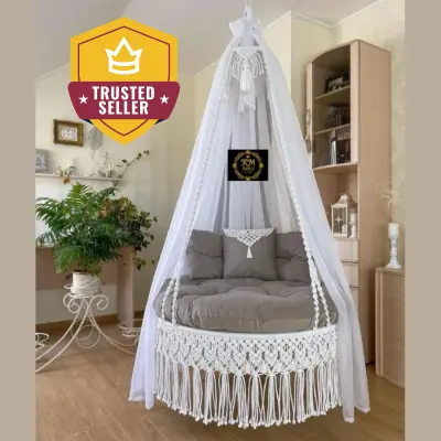 Picture of Premium Off-White Macrame Cotton Swing Chair - Large Dolna for Living Room & Balcony