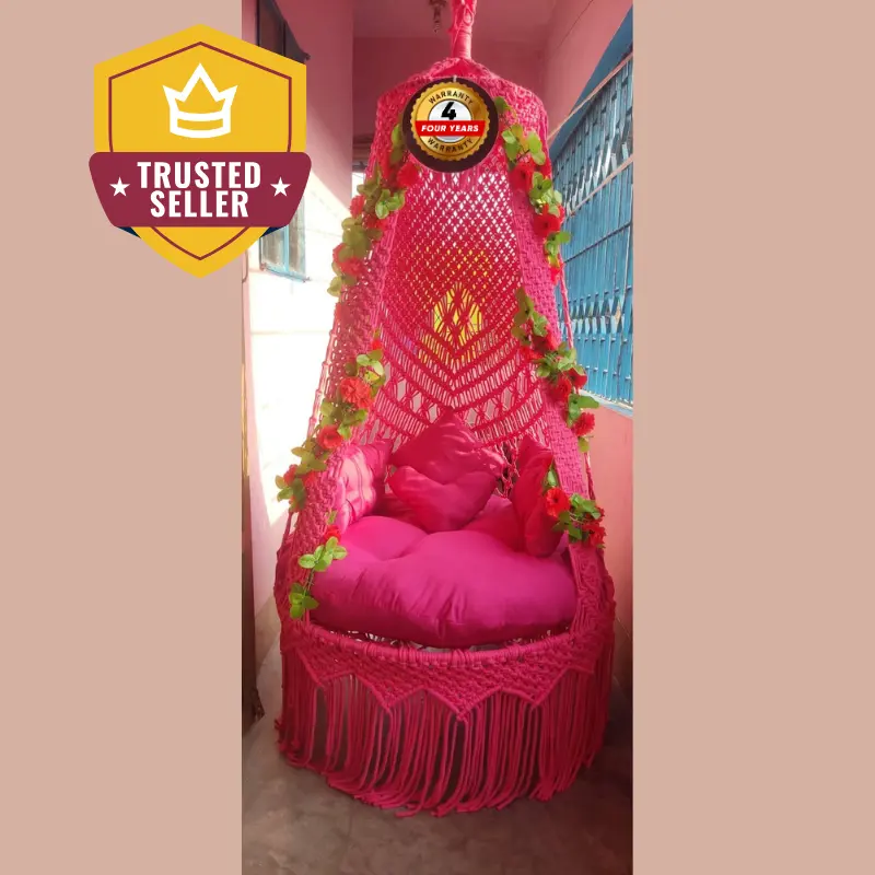 Picture of Elegant Red Macrame Cotton Swing Hammock - Premium Handwoven Hanging Chair Dolna for Adults & Kids