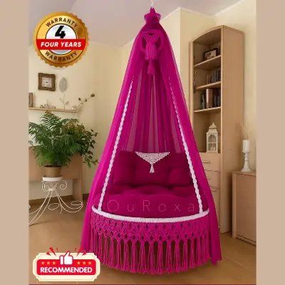 Picture of Elegant Red Macrame Cotton Swing Hammock - Premium Handwoven Hanging Chair Dolna for Adults & Kids