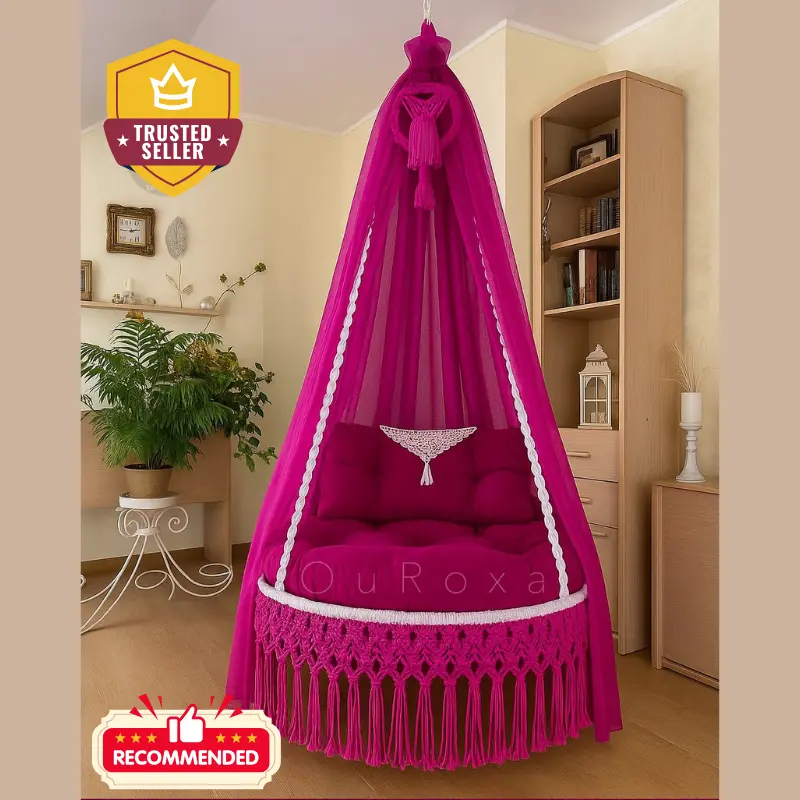 Picture of Elegant Red Macrame Cotton Swing Hammock - Premium Handwoven Hanging Chair Dolna for Adults & Kids