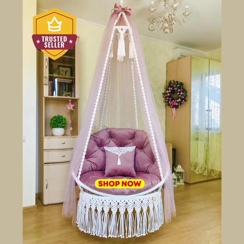 Picture of Premium Off-White Macrame Cotton Swing Chair - Large Dolna for Living Room & Balcony
