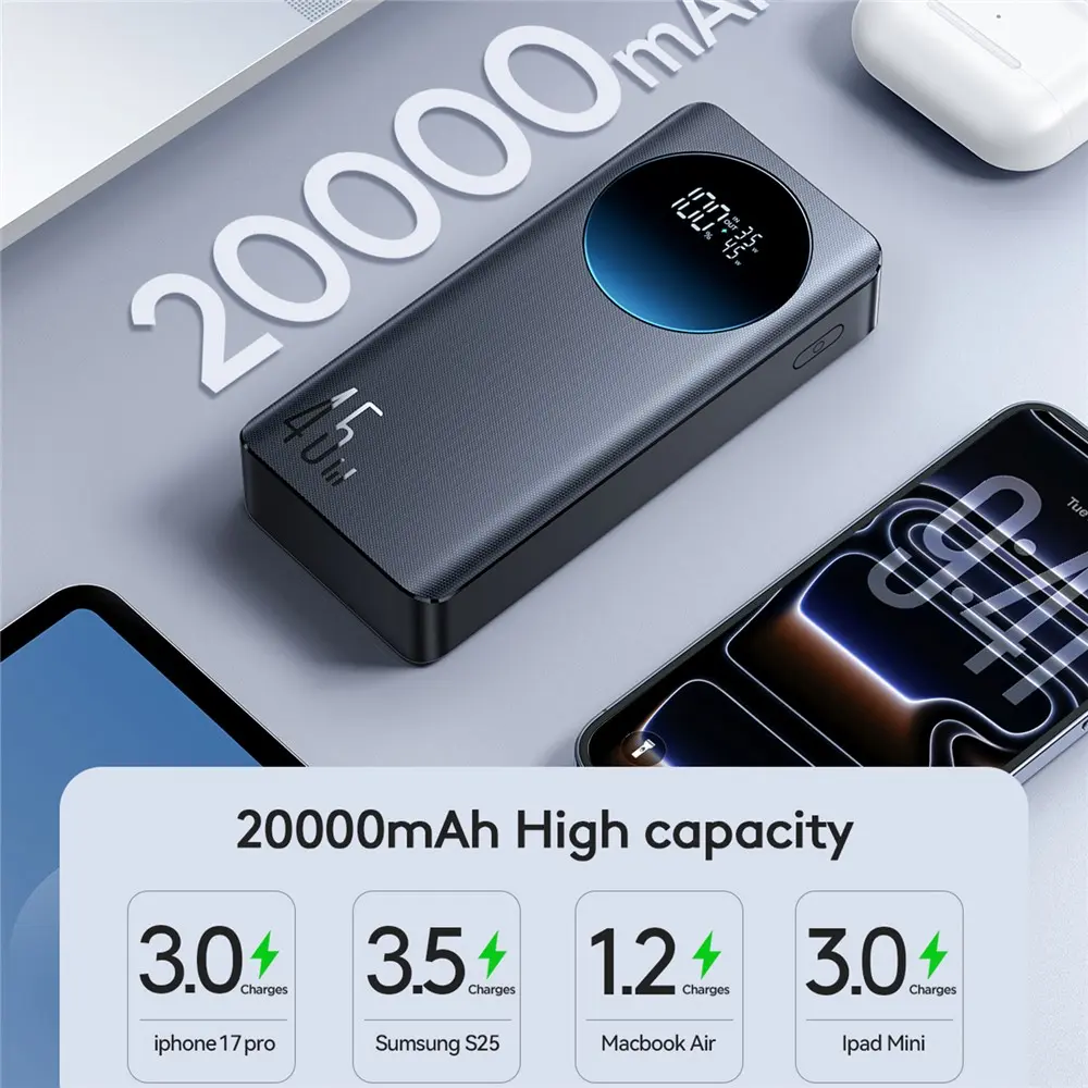 Picture of JOYROOM JR-PBF02 Pro 20000mAh Power Bank 45W Super Fast Charging Digital Display Portable Charger with 4 Port Output - Black