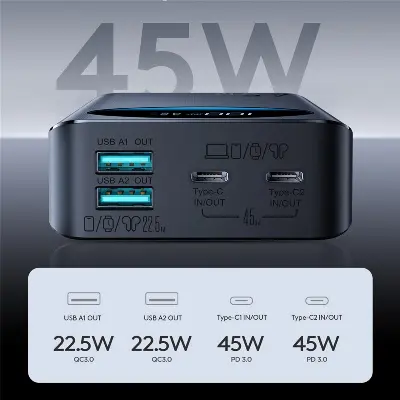 Picture of JOYROOM JR-PBF02 Pro 20000mAh Power Bank 45W Super Fast Charging Digital Display Portable Charger with 4 Port Output - Black