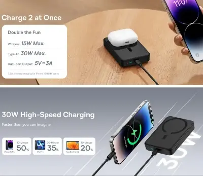 Picture of Baseus 30W Magnetic Mini Fast Charging 10000mAh Power Bank USB-C Quick Charge for iPhone 17/16/15/14/13 Series, Samsung S/Ultra Series, Mini Powerbank USB-C, Small But Powerfull