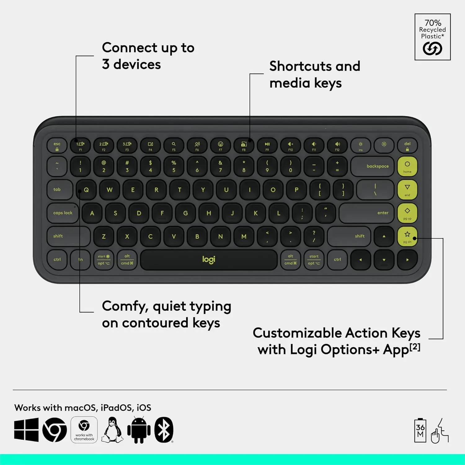 Picture of Logitech POP ICON Keys Wireless Bluetooth Keyboard, Comfortable Typing, Programmable Keys, Easy-Switch Between up to 3 Devices, for Laptop, Tablet, PC – Graphite and Green