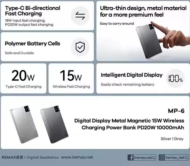 Picture of REMAX MP-6 Magnetic 15W Wireless Charging & PD20W Fast Charging Ultra Slim Digital Display Portable 10000mAh Power Bank- Black