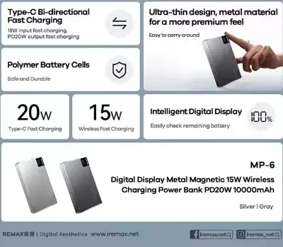 Picture of REMAX MP-6 Magnetic 15W Wireless Charging & PD20W Fast Charging Ultra Slim Digital Display Portable 10000mAh Power Bank- Black