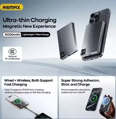 Picture of REMAX MP-6 Magnetic 15W Wireless Charging & PD20W Fast Charging Ultra Slim Digital Display Portable 10000mAh Power Bank- Black