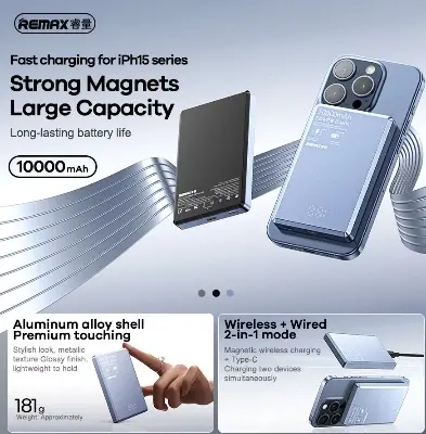 Picture of REMAX RPP-109 Vocard Pro Metal Body Ultra Slim 20W PD Fast Charging Magnetic Wireless 10000mAh Power Bank - Black