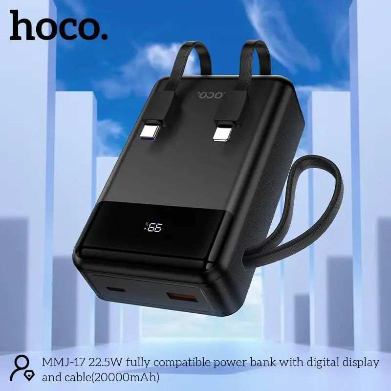 Picture of Hoco MMJ-17 Fully Compatible 22.5W Fast Charging 20000mAh Powerbank with Digital Display & 2 Built in Cable (Type-C & lightning) - Black