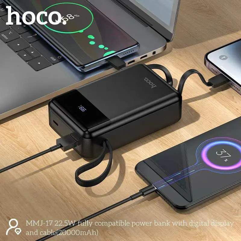 Picture of Hoco MMJ-17 Fully Compatible 22.5W Fast Charging 20000mAh Powerbank with Digital Display & 2 Built in Cable (Type-C & lightning) - Black