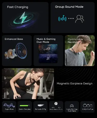 Picture of Wavefun Flex Pro Ultimate Quick Charging Bluetooth Earphone V5.3 Wireless Headphones Neckband Stereo Earbuds TWS Mode with Mic