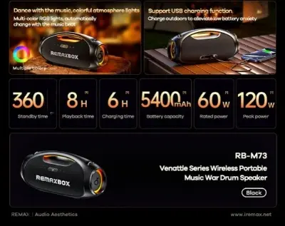 Picture of REMAX RB-M73 Venattle Series Music War Drum Portable Wireless Speaker (120W) - Black