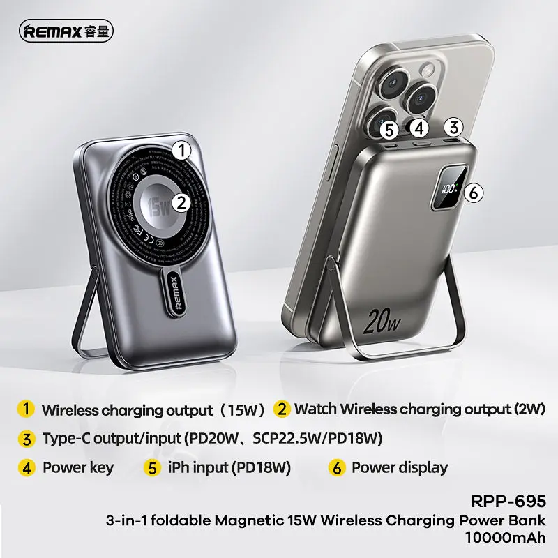 Picture of REMAX RPP-695 20W Magnetic (3 in 1) 15W Wireless Charging 10000mAh Power Bank with Foldable Holder & Cable