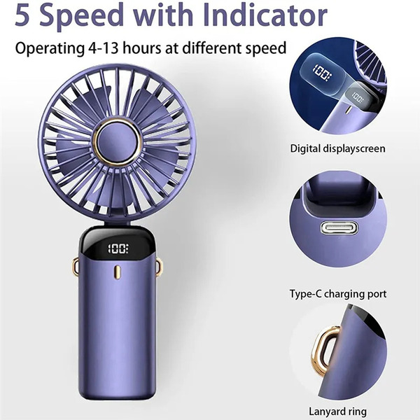 Picture of Portable Personal Fan – 5000mAh Rechargeable Battery, 5 Speed Settings with LED Display, 90° Adjustable 