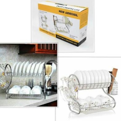 Picture of Stainless Steel 2 Tier Dish Rack 2 Layer Multipurpose Kitchen Dish Drainer Rack Dish Drain Rack Drying Rack Dish Drainer Rack Dish Racks for Kitchen Counter Silver