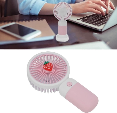 Picture of Summer Mini Fan  Mini Handheld Fan, USB Rechargeable Cartoon Strawberry Look Portable Fan with Removable Base for Home Office Outdoor Pink
