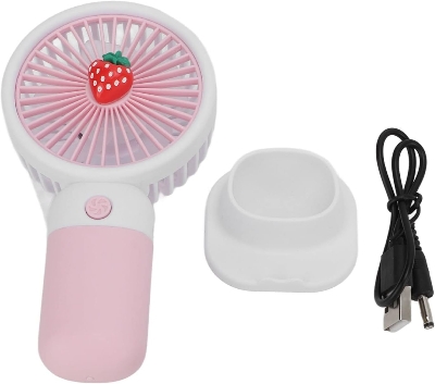 Picture of Summer Mini Fan  Mini Handheld Fan, USB Rechargeable Cartoon Strawberry Look Portable Fan with Removable Base for Home Office Outdoor Pink