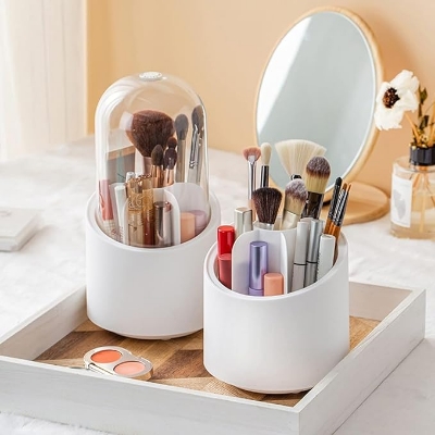 Picture of Rameshtha Makeup Organizer Holder, Makeup Brushes with Lid, Organizer and Storage Organizer and Storage 360° Rotating Stacking Storage Multifunctional Desk Pen Holder Multicolor