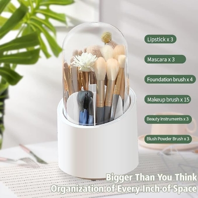 Picture of Rameshtha Makeup Organizer Holder, Makeup Brushes with Lid, Organizer and Storage Organizer and Storage 360° Rotating Stacking Storage Multifunctional Desk Pen Holder Multicolor