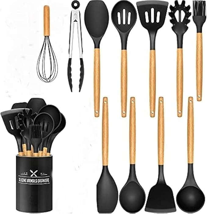 Picture of Silicone Cooking Utensil Set,12pcs Silicone Cooking Kitchen Utensils Set, Best Kitchen Cookware Wooden Handle, Black Kitchen Utensils Set, Utensils Set Black Handle, Silicone Utensils Set 12x16cm Black