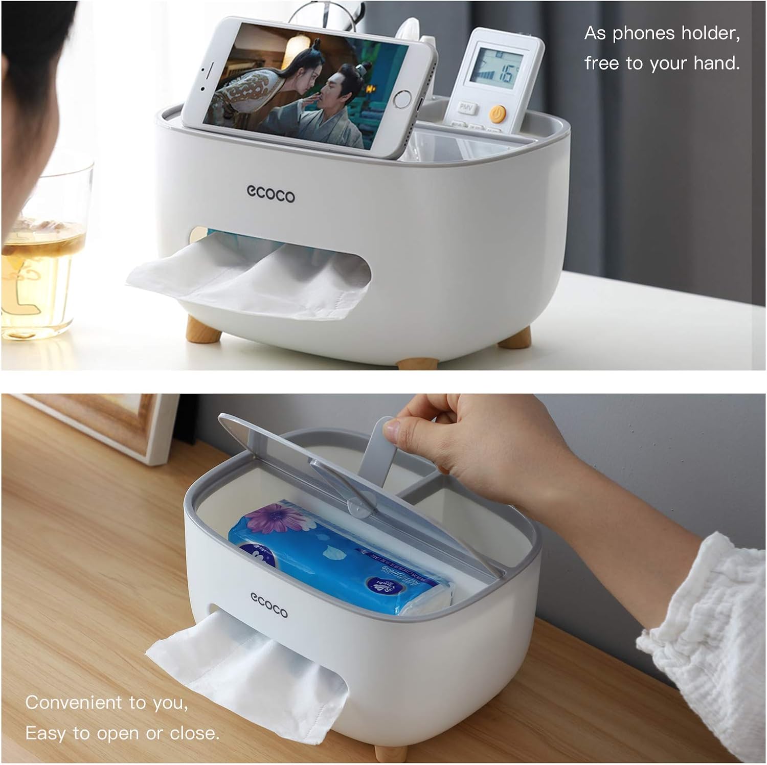 Picture of Tissue box cover holder with storage, napkin tissue box, multi-function tissue box abs material storage organizer caddy for bathroom, bedroom and office, grey white Multicolor