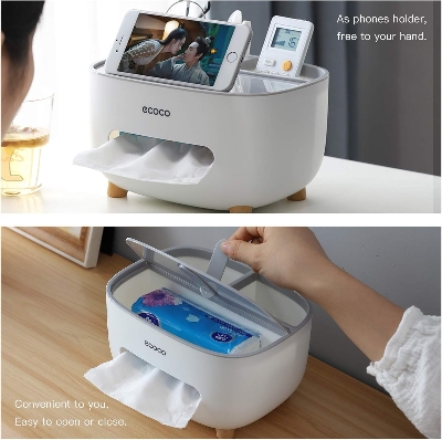 Picture of Tissue box cover holder with storage, napkin tissue box, multi-function tissue box abs material storage organizer caddy for bathroom, bedroom and office, grey white Multicolor