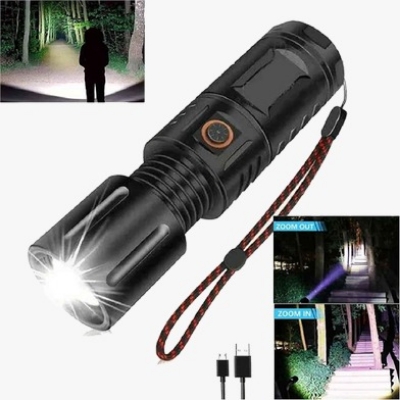 Picture of HIGH POWERED MULTI PURPOSE Zoomable Strong Light T40 LED Flashlight USB Rechargeable Ultra-Bright Torch High Power Lantern Built-in 3*18650 Lithium Batteries FLASHLIGHT Black