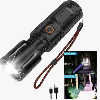 Picture of HIGH POWERED MULTI PURPOSE Zoomable Strong Light T40 LED Flashlight USB Rechargeable Ultra-Bright Torch High Power Lantern Built-in 3*18650 Lithium Batteries FLASHLIGHT Black