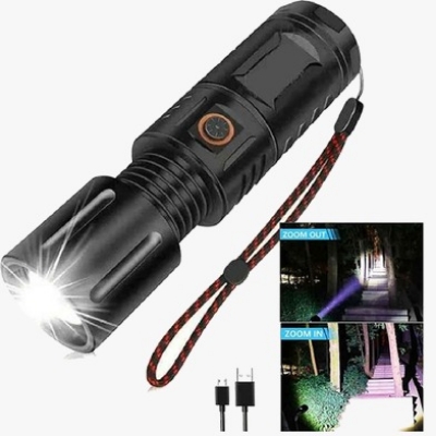 Picture of HIGH POWERED MULTI PURPOSE Zoomable Strong Light T40 LED Flashlight USB Rechargeable Ultra-Bright Torch High Power Lantern Built-in 3*18650 Lithium Batteries FLASHLIGHT Black