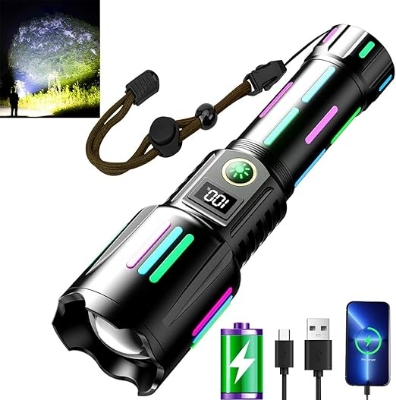 Picture of High brightness rechargeable flashlight, super bright waterproof long life tactical flashlight, 1.5km long beam, LCD power display, 5 modes, suitable for emergency, camping, hiking and so on. Black