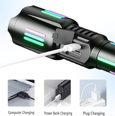Picture of High brightness rechargeable flashlight, super bright waterproof long life tactical flashlight, 1.5km long beam, LCD power display, 5 modes, suitable for emergency, camping, hiking and so on. Black