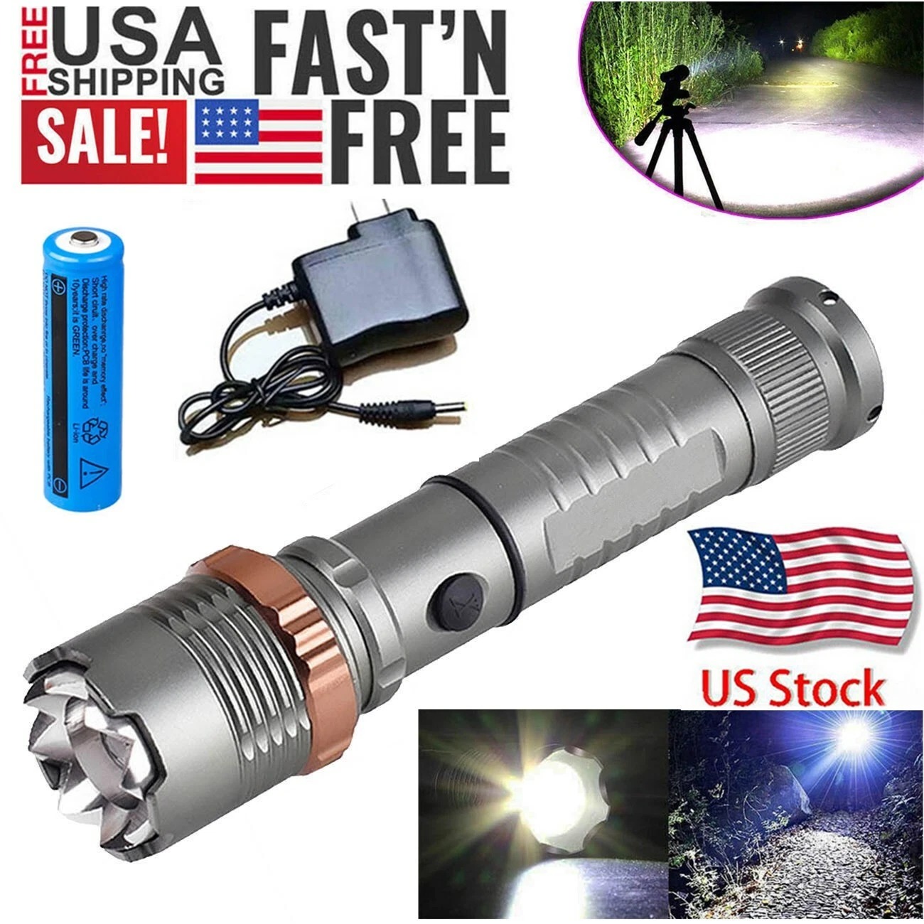 Picture of Most Powerful 9500000LM LED Flashlight Rechargeable Zoom Torch Strong Beam Light Silver