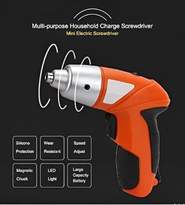 Picture of Cordless Power Screwdriver Kit Rechargeable Electric 45pcs Cordless Drill Sets with Bidirectional Button and LED Light Drilling and Keyless No Noise Cordless Screwdriver Orange/Black Black