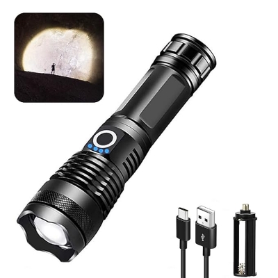Picture of 5000 Lumen Rechargeable Tactical Flashlight,XHP50 LED for Hiking Hunting Camping Emergency Outdoor Sport(Include 26650 Battery) Black